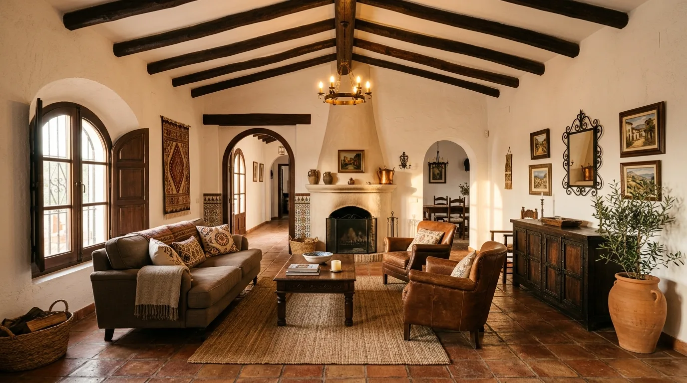 Spanish-style home interior with warm plaster walls, arches, and Mediterranean character.